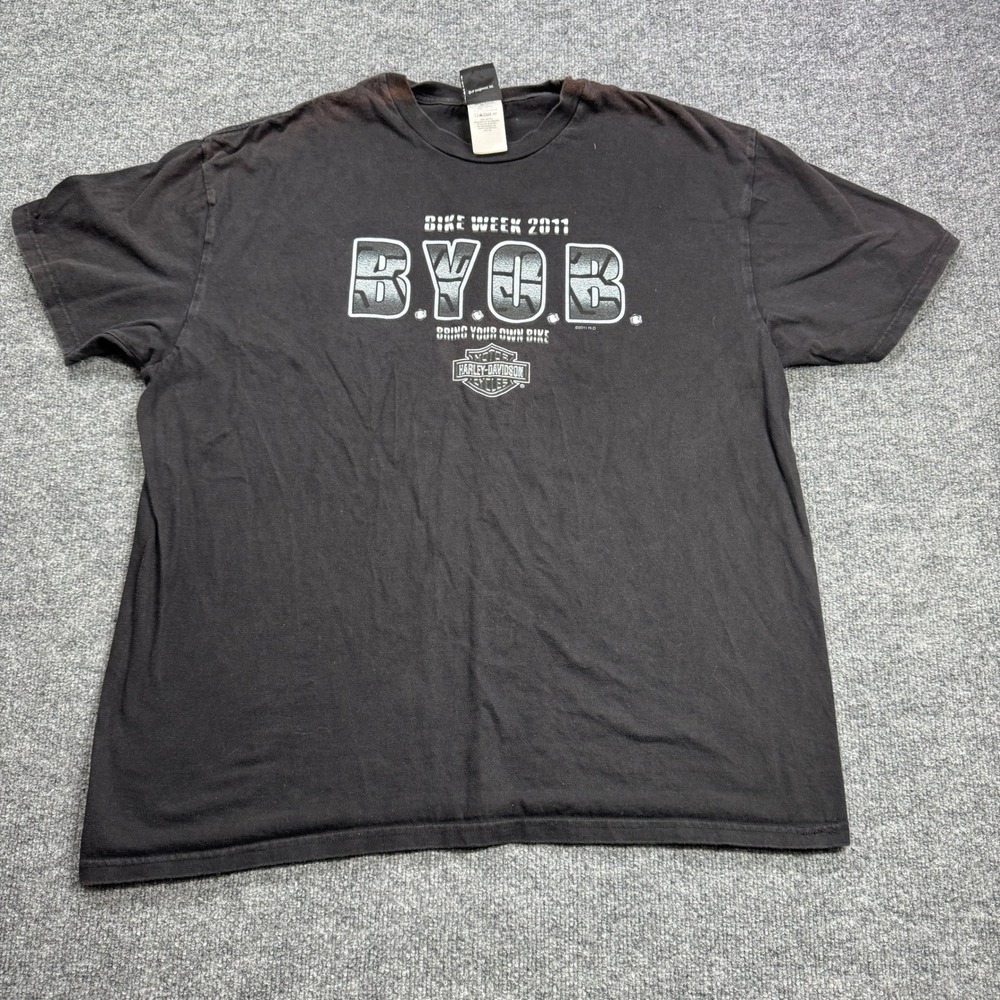 Harley Davidson T Shirt Mens 2XL Black Bikeโ Week 2011 BYOB Graphic Biker Tee